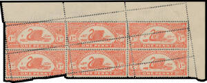 1923-25 Zinc Plates Perf 14&frac12;x13&frac12; 1d scarlet upper-right corner block of 6 (3x2) with Aberrant Diagonal Comb Perforations corrected by re-feeding the sheet into the perforating machine, extensive perf reinforcing, large-part o.g. [Francis Kiddle's upper-le