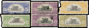 PERFORATION ERRORS: Part-imperforate singles comprising 2d at Top, 6d at Left (crudely separated), 1/- at Left (crudely separated but clear of the design, large-part o.g.), 2/6d at Right, 2/6d at Base on piece, and &pound;1 at Left single & vertical pair (these