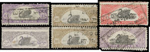 PERFORATION ERRORS: Group comprising 1d scarlet Double Perfs at Left, 15/- Double Perfs Horizontally, &pound;1 violet Double Perfs Horizontally, &pound;1 violet Perf 11 with Additional Perf 14&frac12;, &pound;1 carmine Double Perfs at Top, 30/- vertical pair Double Perfs Between 