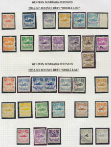 1941-57 Double-Framed 'REVENUE DUTY' to &pound;5 plus extras to 30/- including 1/- block of 6 with Sideways Watermark & typed 'BAIRDS', 1951-63 Single-Framed 'REVENUE DUTY' to &pound;10 x2, some shades & varieties, Decimals to $50, nine usages on documents including 