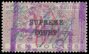 1903-05 Overprints Large CA/Crown Wmk (Fine Lettering) Overprint Upright &pound;10 lilac #S4A, good colour, manuscript cancellations in red & in green plus boxed cancels in violet, Elsmore Online Cat $2000+. [John Dzelme at page 83 states that only three exampl