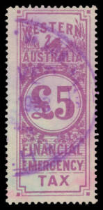 FINANCIAL EMERGENCY TAX: 1932-33 1d to &pound;5 (minor stains) complete, various cancels, Elsmore Online Cat $1100+. [John Dzelme states that only 16,000 of the &pound;5 were sold, a very high proportion of which would have been in wages books that were destroyed aft