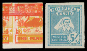 HOSPITAL FUND: 1940 Small Format (Nurse) 1&frac12;d to 5/- (ex 6d) imperforate plate proof singles in the issued colours on gummed or ungummed unwatermarked paper, the 9d with impressions of two other revenues on the reverse, Elsmore Online Cat $1400. [These sev