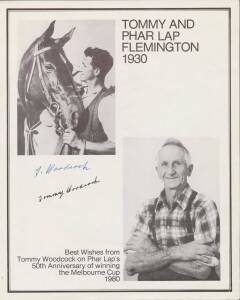 AUTOGRAPHS: Tommy Woodcock signature on Phar Lap's 50th Anniversary of winning the Melbourne Cup page; plus Johnny O'Keefe signature on 45rpm record.