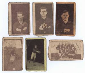 c1921-50 cigarette & trade cards in box, noted football cards with 1921-25 Suburban Premium "Footballers" (6) & 1949 Kornies "Victorian Footballers" (16); cricket cards (8). Poor/G.