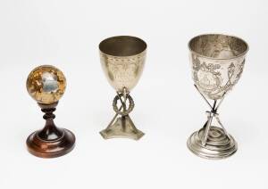 TROPHIES: 1880 Yarra Yarra Rowing Club trophy (cup on crossed oars); 1928 APDC Presidents Cup (cup with engraved yacht on crossed oars); plus 1938 hockey trophy (shield on hockey ball).