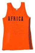 HENRY RONO'S RUNNING SINGLET, endorsed "Henry Rono, To Jack, Best Wishes, Good luck, 1978 January 28. 10,000m, 5000m, 3000m sx. from World record cross country Kenya 1976". [Henry Rono set world records for 3000m steeplechase & 5000m, although he never ma