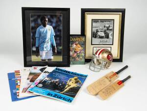 BALANCE OF COLLECTION, noted signed items including mini NFL 49ers helmet signed Jerry Rice; signed mini-bats (5) including Australia, England, West Indies & India; signed displays including Jack Brabham, Lewis Hamilton & violinist Yehudi Menuhin; 1980s-9