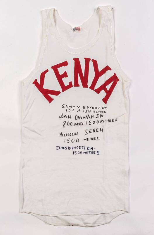 KENYA RUNNING SINGLET, signed & endorsed "Sammy Kipkurgat 800 & 1500 metres, Dan Omwansa 800 and 1500 metres, Nicholas Serem 1500 metres, James Kipngetich 1500 metres".