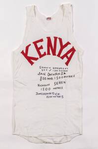 KENYA RUNNING SINGLET, signed & endorsed "Sammy Kipkurgat 800 & 1500 metres, Dan Omwansa 800 and 1500 metres, Nicholas Serem 1500 metres, James Kipngetich 1500 metres".