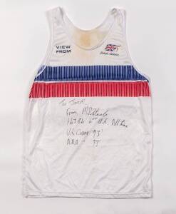 MARTIN STEELE'S BRITISH ATHLETICS SINGLET, endorsed "To Jack, From M.D.Steele, 1.43.84 4th UK All time, UK Champ 93, AAA Champ 93".