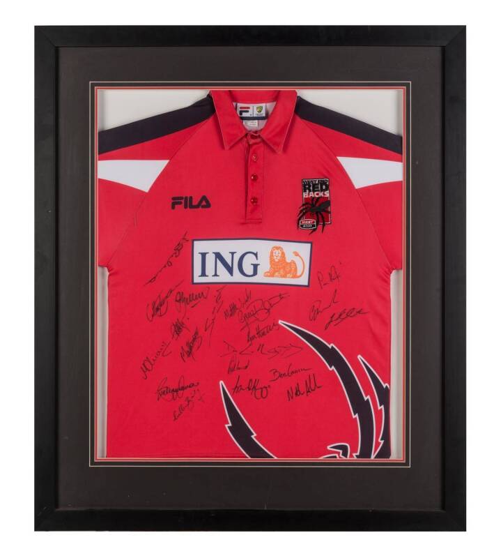 SIGNED DISPLAYS: Group with signed Lleyton Hewitt shirt (framed, no glass, overall 86x101cm), signed Steve Monegetti shirt (framed & glazed, overall 64x85cm); plus cricket shirt signed by West End Redbacks team (framed & glazed, 85x90cm).