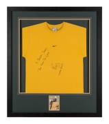 SIGNED DISPLAYS: Group with signed Lleyton Hewitt shirt (framed, no glass, overall 86x101cm), signed Steve Monegetti shirt (framed & glazed, overall 64x85cm); plus cricket shirt signed by West End Redbacks team (framed & glazed, 85x90cm). - 2