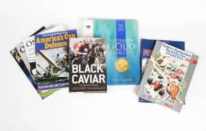 Black Caviar group with racebooks for 12-5-2012 & 16-2-2013; signed book; Black Caviar DVD & stamps; Australian Gold Medallists stamps for 2000 & 2004; 1986 Australian GP programme.