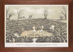 "Jem Ward's Picture of the Great Fight Between Tom Sayers & J.C.Heenan, at Farnborough April 17th 1860 for the Championship of England & America", lithograph print, framed, overall 105x75cm.