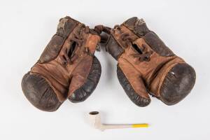 BOXING GROUP, noted c1887 pipe featuring John L.Sullivan & Jem Smith, who were due to fight in London; pair of child's boxing gloves; blue blazer with pocket embroidered "Amateur Darling Downs Champion/ 1966/ Heavyweight Division".