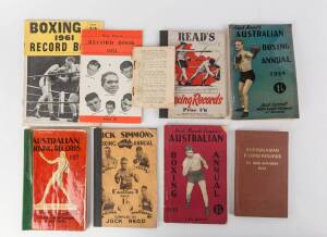 AUSTRALIAN BOXING RECORDS/ANNUALS:, noted "Australasian Boxing Records" by Kirk Anthony [Melbourne, 1924]; "Australian Boxing Records 1926" by Davidson (no covers); Jack Read annuals for 1927, 1934, 1935, 1938 & 1947; "Ring Digest Record Book 1951"; "Boxi