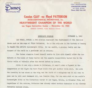 MUHAMMAD ALI v FLOYD PATTERSON: Archive for 1965 World Heavyweight title fight, with pre-fight press releases (5); Western Union telegram; manuscript notes re fight (4 pages); radio scripts; range of press & magazine clippings.