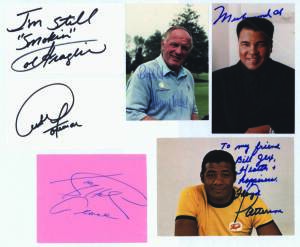 BOXING AUTOGRAPHS: Signed photos/pieces, noted Muhammad Ali (crease through photo), Henry Cooper, George Foreman, Joe Frazier, Floyd Patterson & Larry Holmes.