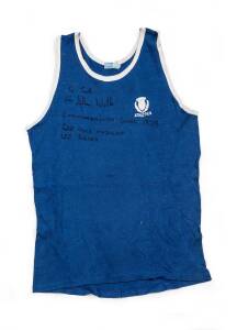 ALLAN WELLS' SCOTLAND RUNNING SINGLET, blue with embroidered Thistle & "Athletics", endorsed "To Jack, From Allan Wells, Commonwealth Games 1978, 200 Gold Medalist, 100 Silver". [Alan Wells went on to become the 100m Olympic champion at the 1980 Moscow Ol