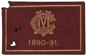 MELBOURNE CRICKET CLUB: 1890-91 Member's Season Ticket, red leather cover with gilt MCC logo & "1890-91" on front, two punch-holes in ticket (one heart-shaped). No.1271 T.E.Stewart. Fair/Good condition.