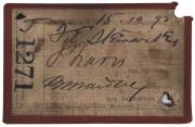 MELBOURNE CRICKET CLUB: 1890-91 Member's Season Ticket, red leather cover with gilt MCC logo & "1890-91" on front, two punch-holes in ticket (one heart-shaped). No.1271 T.E.Stewart. Fair/Good condition. - 2