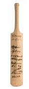1937 DON BRADMAN'S XI v VIC RICHARDSON'S XI, Testimonial for Vic Richardson & Clarrie Grimmett at Adelaide Oval, miniature bat (30cm long) signed by Bradman's team on front, and Richardson's team on reverse, with 23 signatures, including Don Bradman, Jack