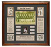 "THE INVINCIBLES", display with Don Bradman signed cricket card & 6 signatures window mounted with 5 pictures, framed & glazed, overall 70x65cm.