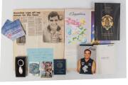 GREG WILLIAMS EPHEMERA, noted scarapbooks of press clippings & photographs; collection of Brownlow Medal & Hall of Fame menus, invitations & booklets; 1987-90 training diary; "Football Record"s (28); Carlton Season Tickets (7) including Players' Passes fo