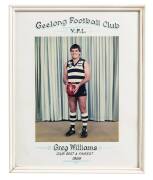 GREG WILLIAMS' GEELONG BEST & FAIREST PHOTO, colour photograph of Greg Williams, with hand-painted title "Geelong Football Club, VFL, Greg Williams, Club Best & Fairest, 1985", framed & glazed, overall 32x40cm.
