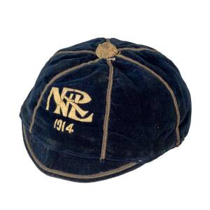 1914 NELSON RUGBY LEAGUE HONOUR CAP, blue velvet, embroidered "NRL 1914". Fair/Good condition.