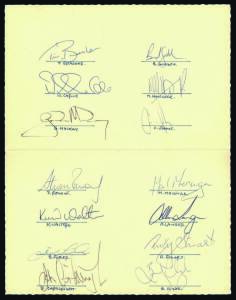 1992 Australian Rugby League team, fold-over card with 22 signatures of team from World Cup Final at Wembley 24 October 1992, noted Mal Meninga, Allan Langer & Tim Brasher. {Australia won the final by 10 ponts to 6 in front of an international record crow