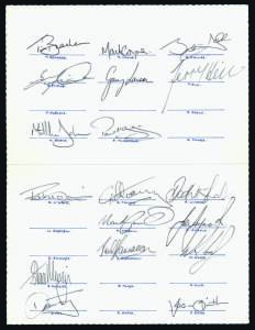 1995 Australian Rugby League team, fold-over card with 18 signatures of team from World Cup Final at Wembley 28 October 1995, noted Brad Fittler, Andrew Johns & Tim Brasher. {Australia won the final by 16 ponts to 8}.