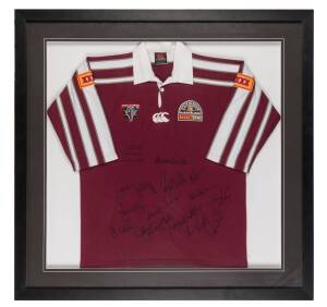 QUEENSLAND STATE OF ORIGIN JERSEY, signed by 2001 team, framed & glazed, overall 80x105cm.