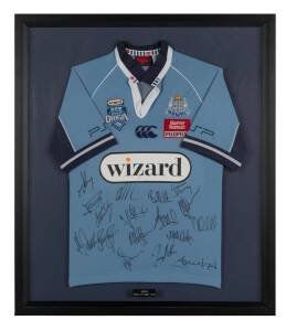 NSW STATE OF ORIGIN JERSEY, signed by c2006 team & coach Graham Murray, framed & glazed, overall 82x95cm.