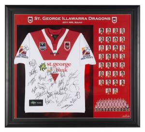 ST.GEORGE ILLAWARRA DRAGONS, signed jumper from 2011 with 23 signatures, window mounted with pictures of players, framed & glazed, overall 104x93cm.