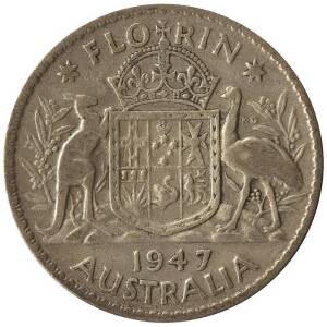 Australian Silver; pre 1945 1937 Crown (1), 1/- (4), 6d (3) & 3d (55). Post 1946 2/- (7), 1/- (14), 6d (7) & 3d (133); Approx. 0.6kgs of &frac12;ds and 6.75kgs of 1ds; 1966 50c (1); CofA b'notes $2 (5) & $10 (8), mainly lower grades; 5 o'seas b/notes and a few s