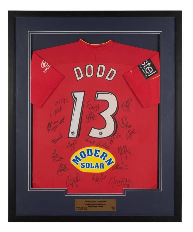 ADELAIDE UNITED: Three jerseys signed by c2007-2010 teams, each framed & glazed, largest 108x85cm.