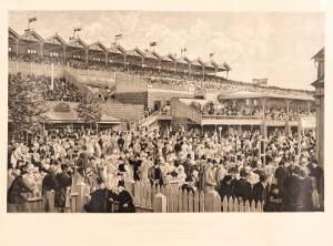 HORSE RACING PRINTS: "Derby Day at Flemington 1886", "The Lawn at Flemington on Melbourne Cup Day 1887" & "The Betting Ring at Flemington 1887", by Carl Kahler. Set of 3 prints (each with key plate on glassine paper), Lithography by A.E.Keating Pty Ltd fo