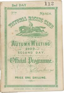 1922 AUSTRALIAN CUP: "7th March, Victoria Racing Club, Autumn Meeting 1922, Second Day, Official Programme". Fair/Good condition (covers detached). {The 1922 Australian Cup was won by Harvest King}.