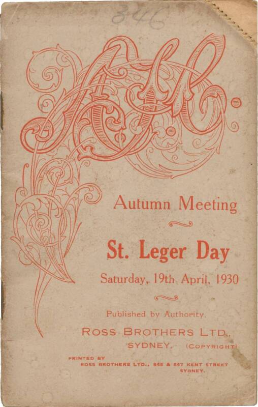 PHAR LAP'S 21st RACE: Official Programme, "AJC, Autumn Meeting, St.Leger Day, Saturday, 19th April, 1930", showing Phar Lap in the AJC St.Leger (first). 21 starts. 10-1-2.