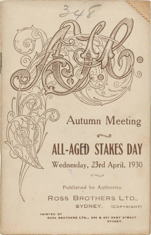 PHAR LAP'S 22nd RACE: Official Programme, "AJC, Autumn Meeting, All-Aged Stakes Day, Wednesday, 23rd April, 1930", showing Phar Lap in the wfa Cumberland Stakes (first). 22 starts. 11-1-2.