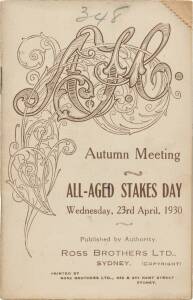 PHAR LAP'S 22nd RACE: Official Programme, "AJC, Autumn Meeting, All-Aged Stakes Day, Wednesday, 23rd April, 1930", showing Phar Lap in the wfa Cumberland Stakes (first). 22 starts. 11-1-2.