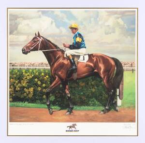 RISING FAST, print "Rising Fast - Melbourne Cup 1950, Jockey Jack Purtell" by Brian Clinton, signed by the artist and numbered "Artists Proof 1 of 1", window mounted, framed & glazed, overall 81x80cm.