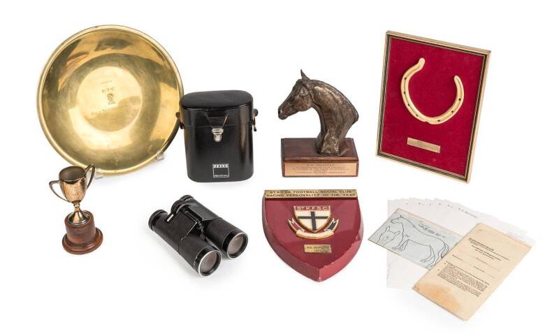 BOB HOYSTED COLLECTION: Group including framed Rising Fast horseshoe; binoculars engraved R.E.Hoysted; trainer's trophies for 1979 Sandown Cup & 1982 Gold Nugget Stakes; trophies awarded by Australian Trainer's Association & St.Kilda Football Club; Cerifi