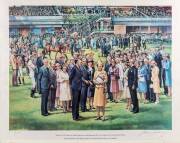 QUEEN ELIZABETH CUP, silver-plated jug, 37cm tall, engraved "Victoria Amateur Turf Club, Royal Visit Meeting, Caulfield, 29.9.1981, Winning Trainer, Queen Elizabeth Cup, R.E.Hoysted"; together with print by Harold Freedman "Visit by HM The Queen to Caulfi