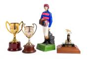 SYDESTON: Group including trainer's trophies for 1990 Caulfield Cup, 1990 BMW International & 1989 Sandown Cup; jockey statue; silks; saddlecloths (4) & framed photographs. Ex Bob Hoysted collection.