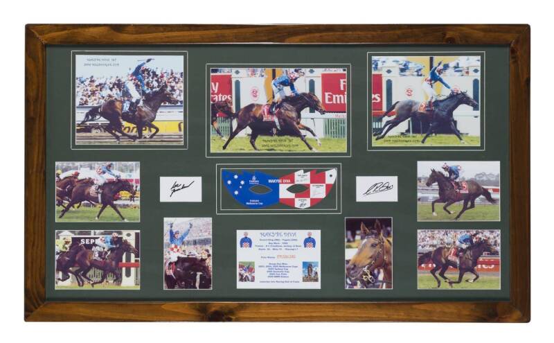 MAKYBE DIVA, display with signatures of Lee Freedman & Glen Boss, window mounted ith 9 photos, framed & glazed, overall 100x60cm.