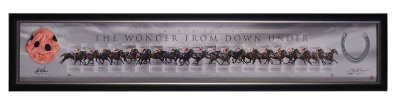 BLACK CAVIAR, display "Black Caviar - The Wonder from Down Under", signed by Luke Nolen & Peter Moody, framed & glazed, overall 157x32cm.