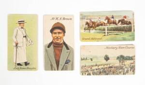 c1906-36 horse-racing cards, noted 1910 Taddy "Famous Jockeys" (16); 1922 Anstie "Racing Series" [25/50 + 26 spares]; 1926 Ogdens "Trainers & Owners Colours, 2nd Series" [25] x 2 sets. Fair/VG.